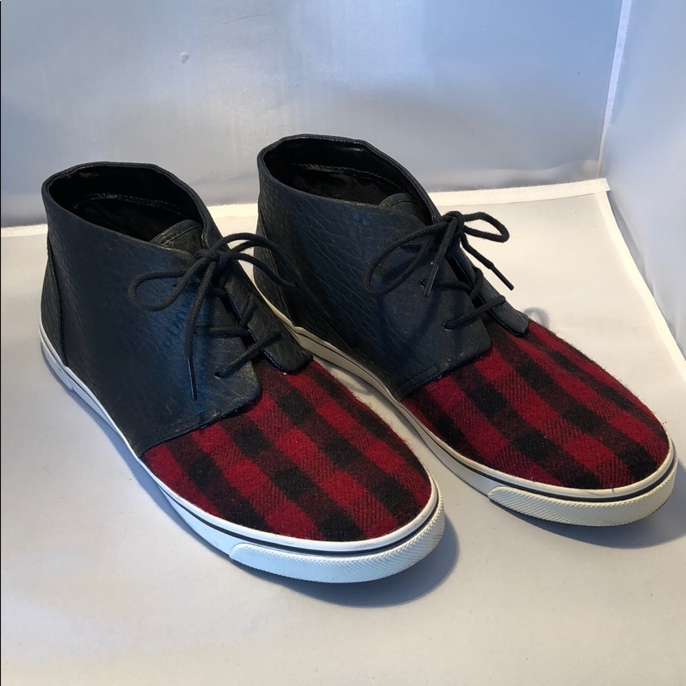 Red plaid and leather sneakers